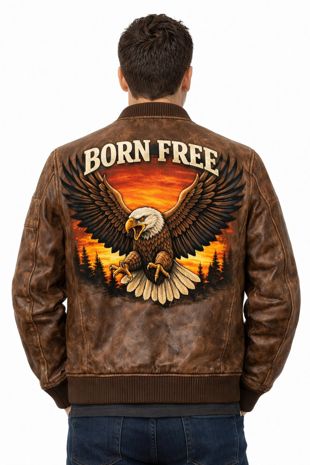 Men's Print Jackets MP009 Born Free Eagle Vintage Leather Bomber Jacket - Patriotic Bald Eagle Flight Jacket