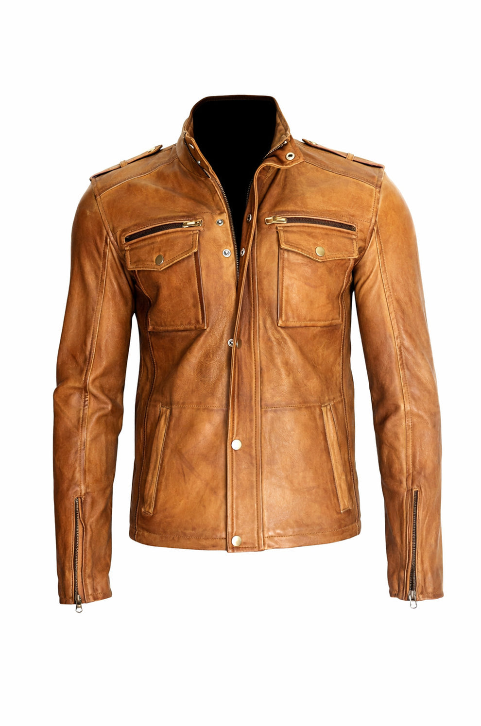 Men's Motorcycle Real Leather Tan Brown Distressed Moto Biker Jacket