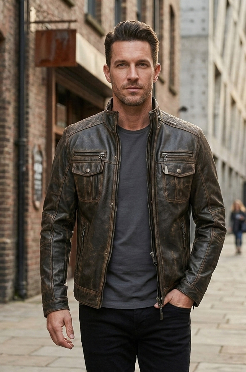 Multi Zipper Distressed Casual Wear Biker Men's Jacket