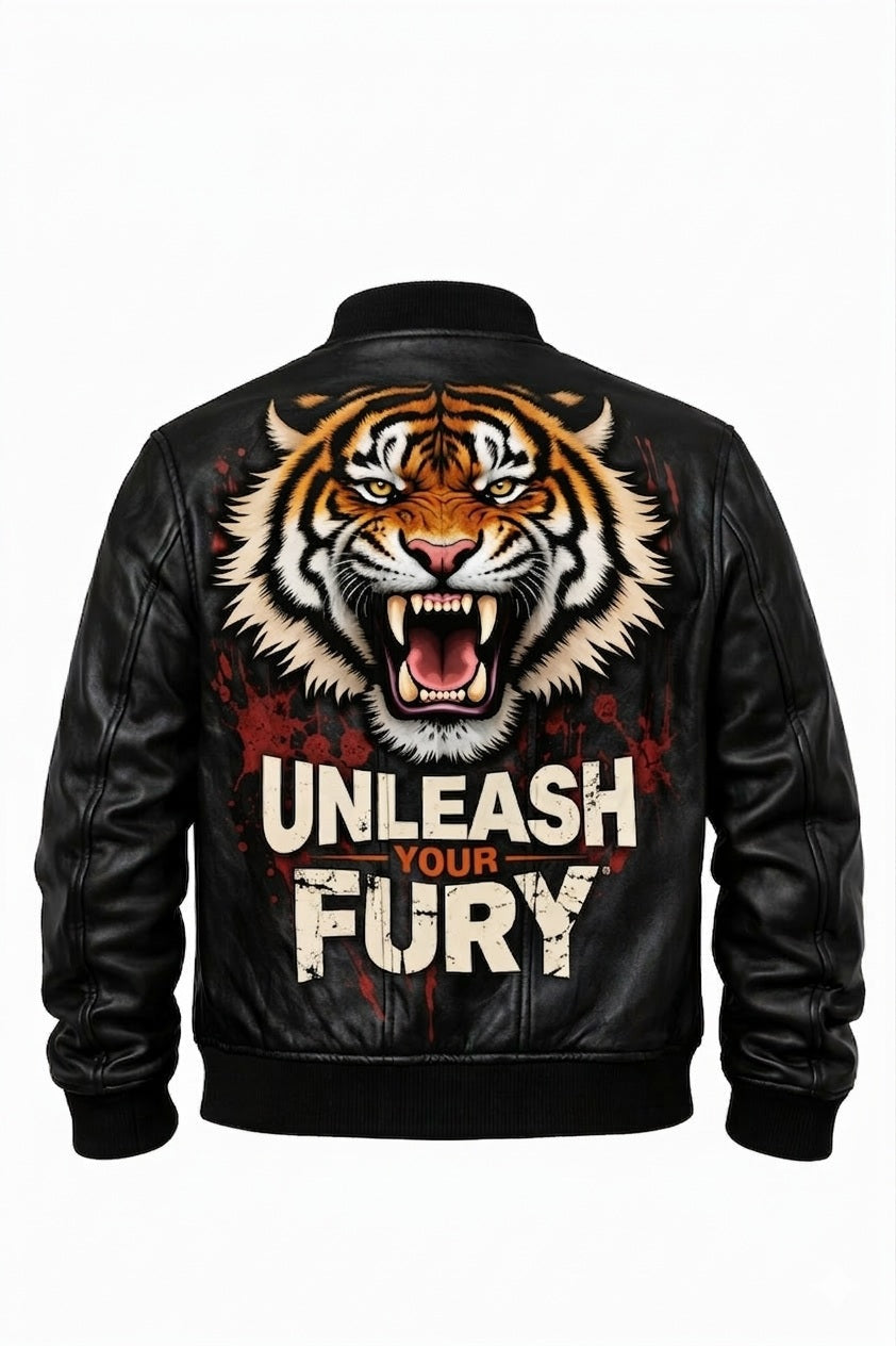 Men's Print Jackets\MP010 Unleash Your Fury Tiger Leather Bomber Jacket - Men's Aggressive Graphic Flight Jacket