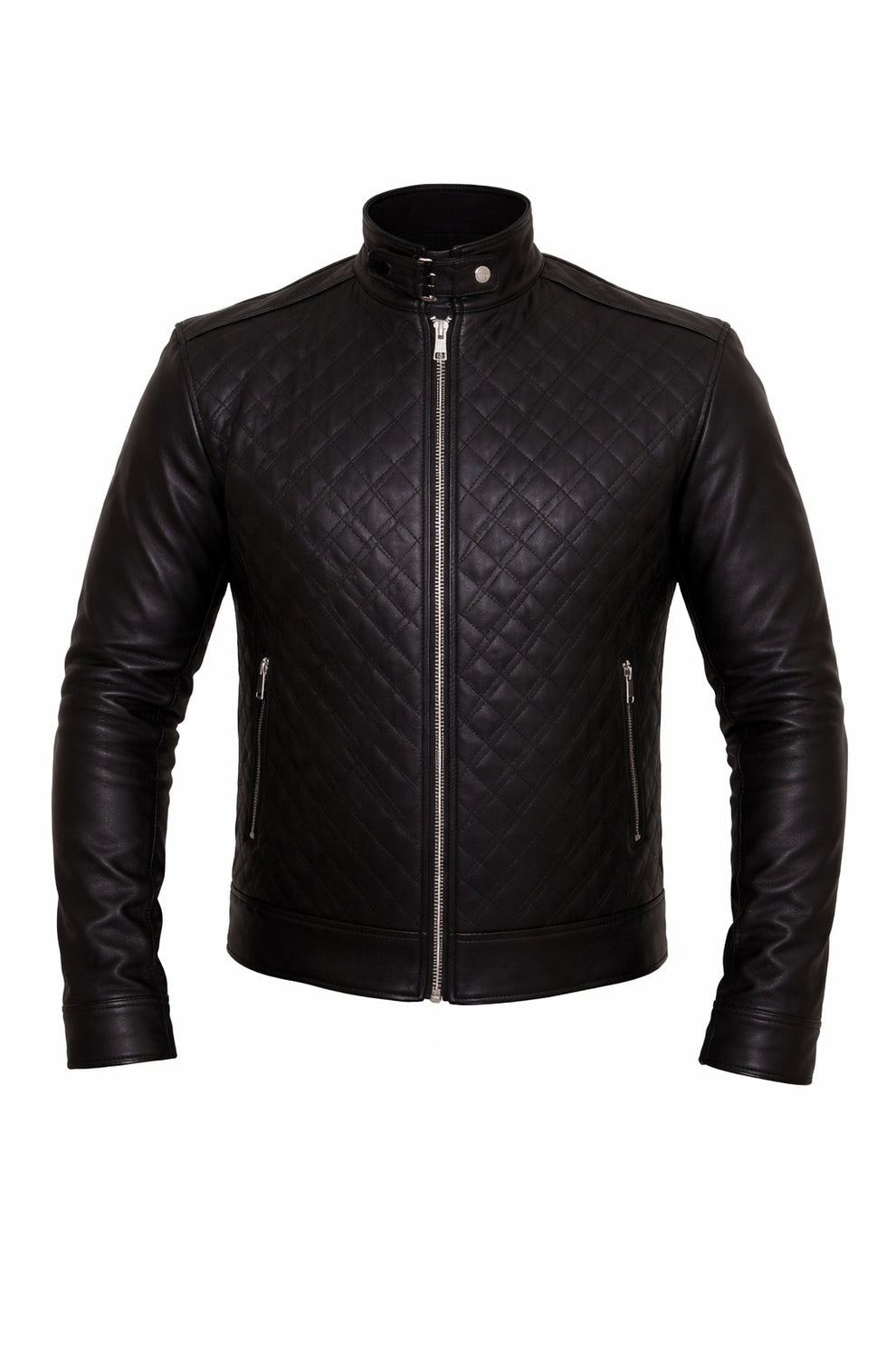 Quilted Black Fashion Cafe Racer Real Leather Jacket For Men