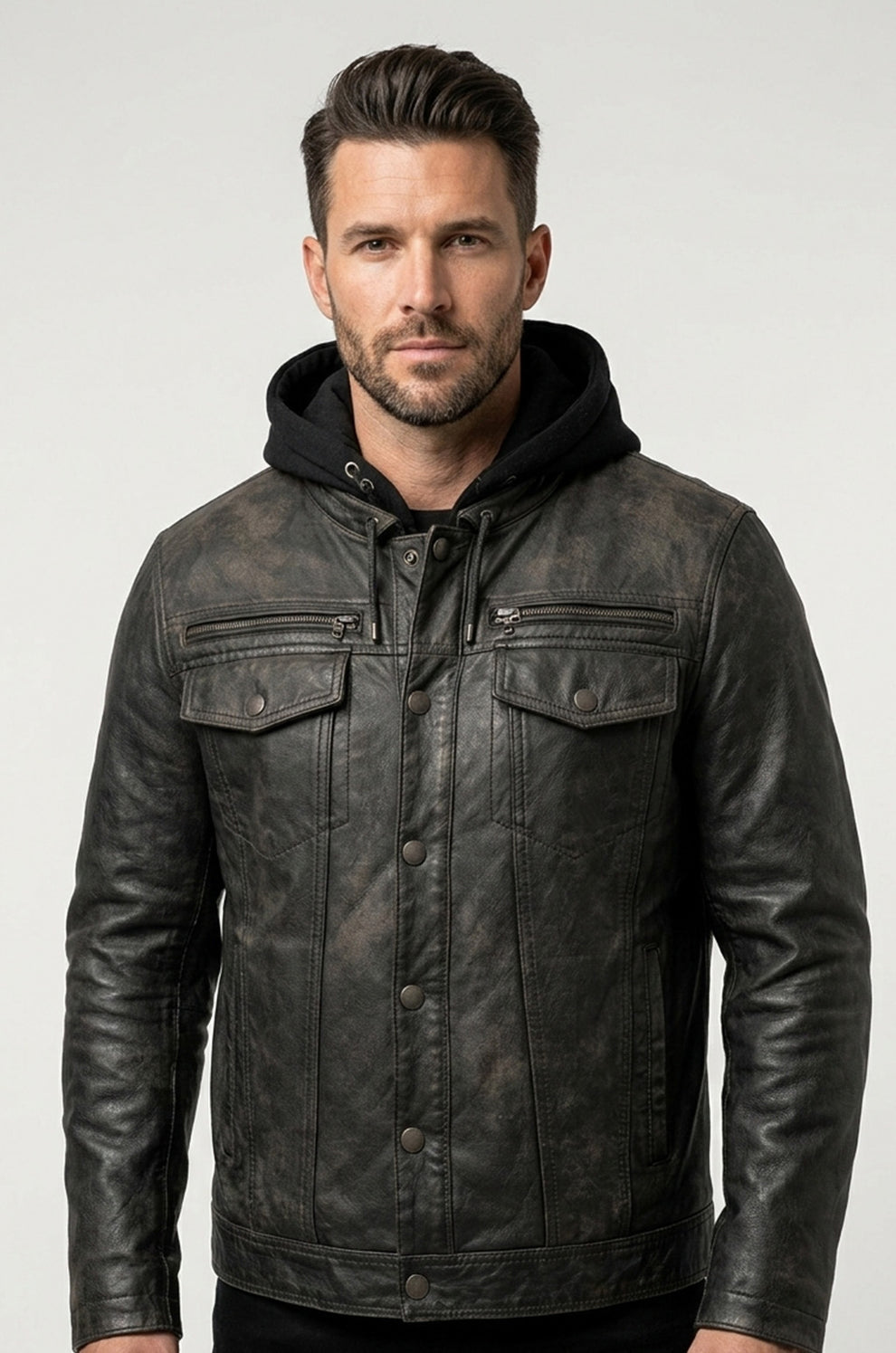 Biker Black Hood Motorcycle Coat Latest Men's Real Leather Jacket