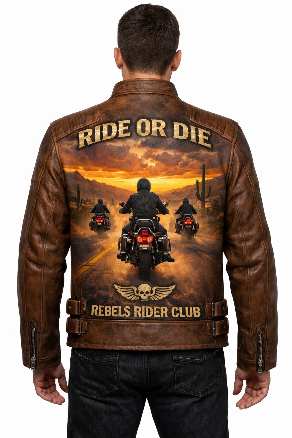 Men's Print Jackets\MP005 Ride or Die Rebels Rider Club Leather Jacket - Desert Brotherhood Biker Design