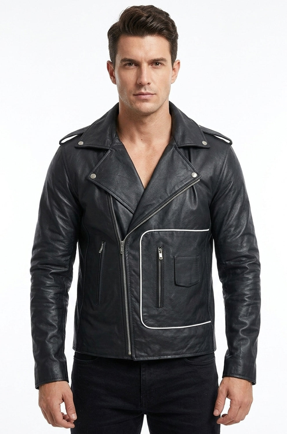 Men's Movies Jackets\MMJ19 Men's Grease 2 John Travolta T Birds Black Real Leather Biker Jacket