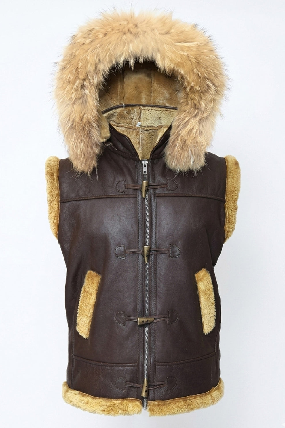 Aviator Jackets\B017 RAF Fur Shearling Brown Hood Genuine Leather Jacket Men's Winter Fashion Vest