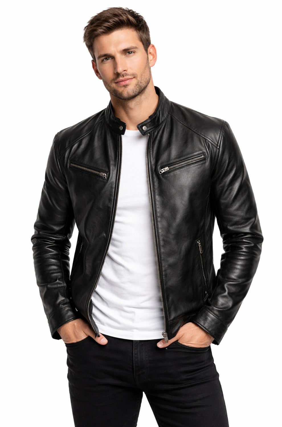 Vintage Cafe Racer Black Men Retro Biker Stylish Genuine Leather Jacket