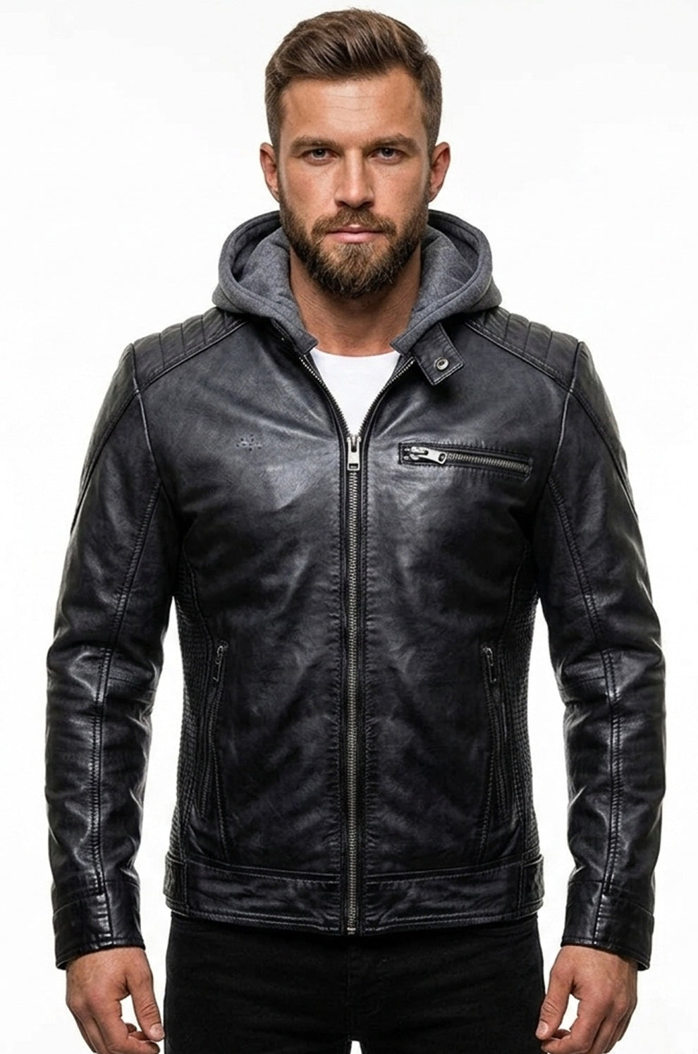 Men's Movies Jackets\MMJ13 The Dark Knight Hooded Gotham Outlaw Batman Justice League Leather Jacket For Men