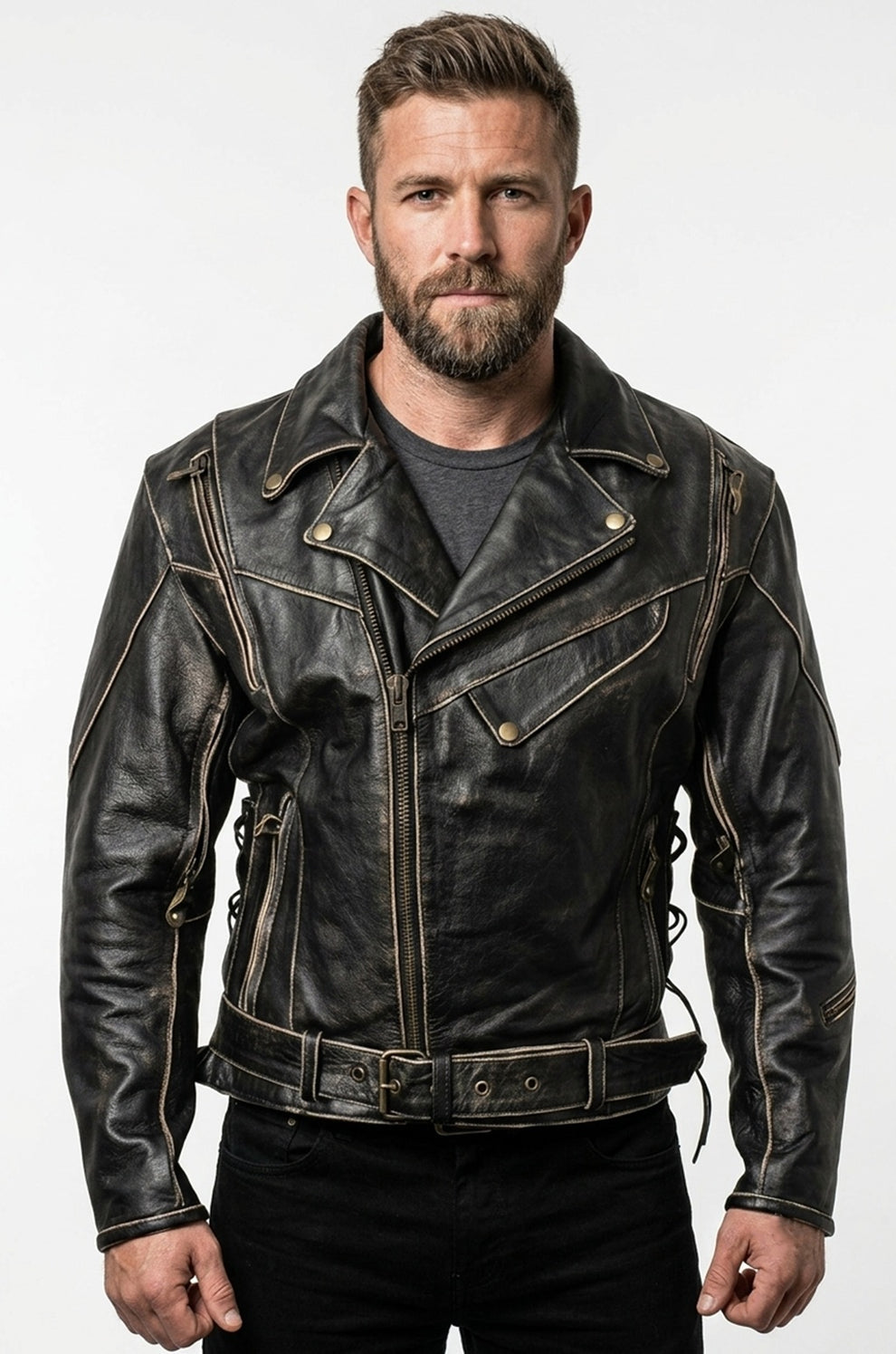 Men's Movies Jackets\MMJ14 Bike Wear Terminator Fashion Black Motorcycle Real Leather Jacket For Men