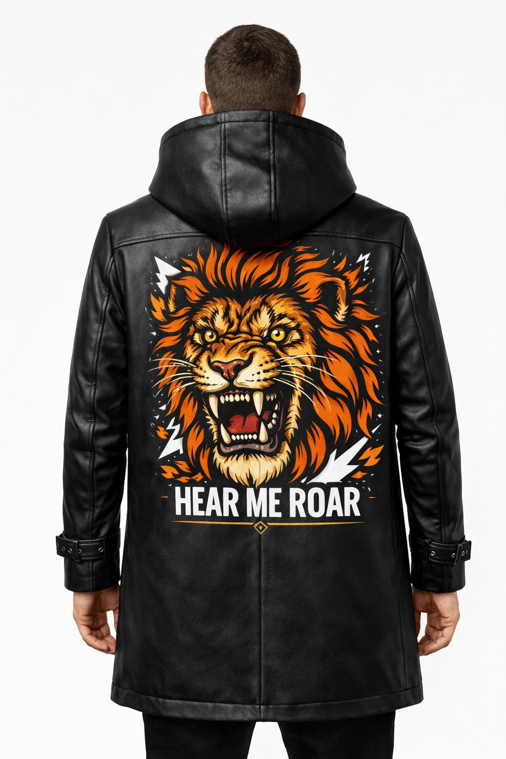 Men's Print Jackets\MP008 Hear Me Roar Lion Graphic Hooded Leather Coat - Men's Long Black Trench Jacket