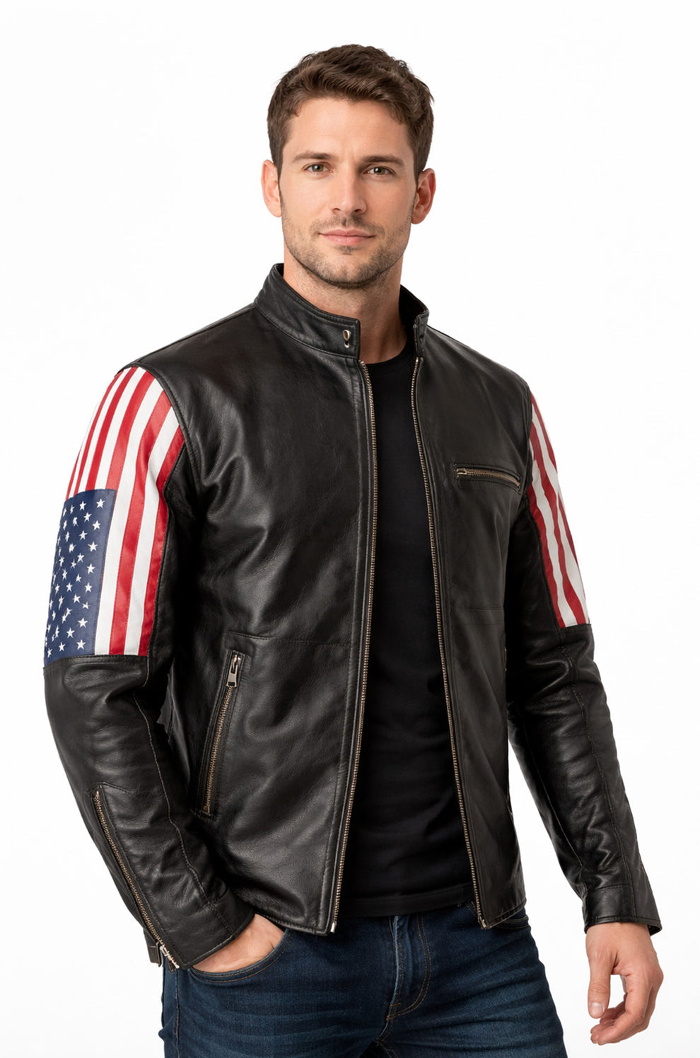 New Style 2019 Racer US Flag Men's Leather Jacket