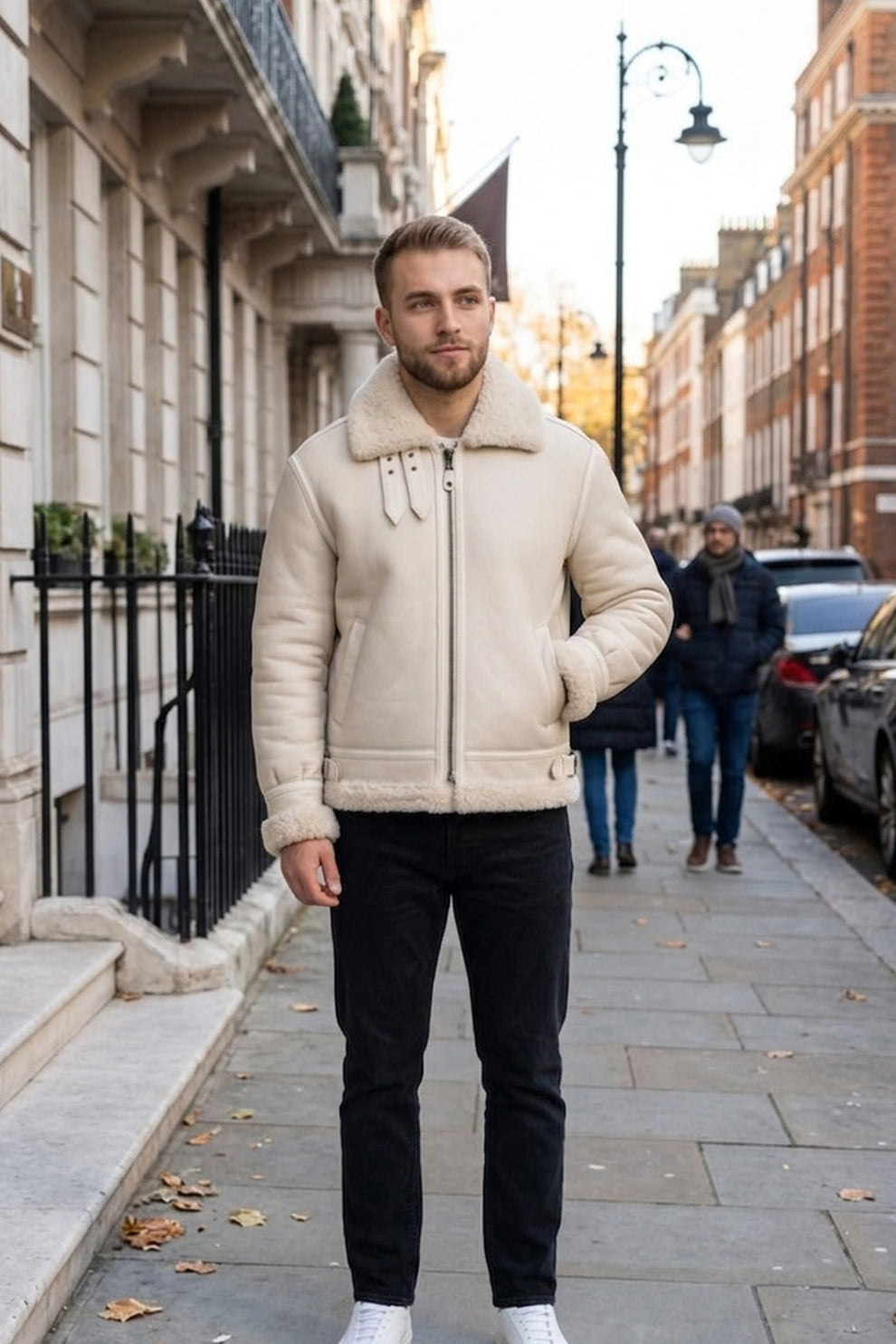 Aviator Jackets\B028 Men Real Leather Fur Shearling Jacket White