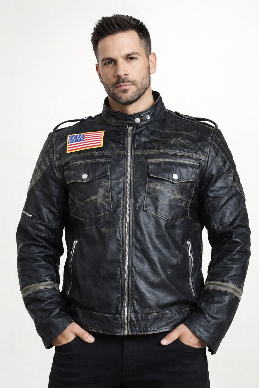 New US Flag Black Vintage Distressed Moto Retro Jacket
