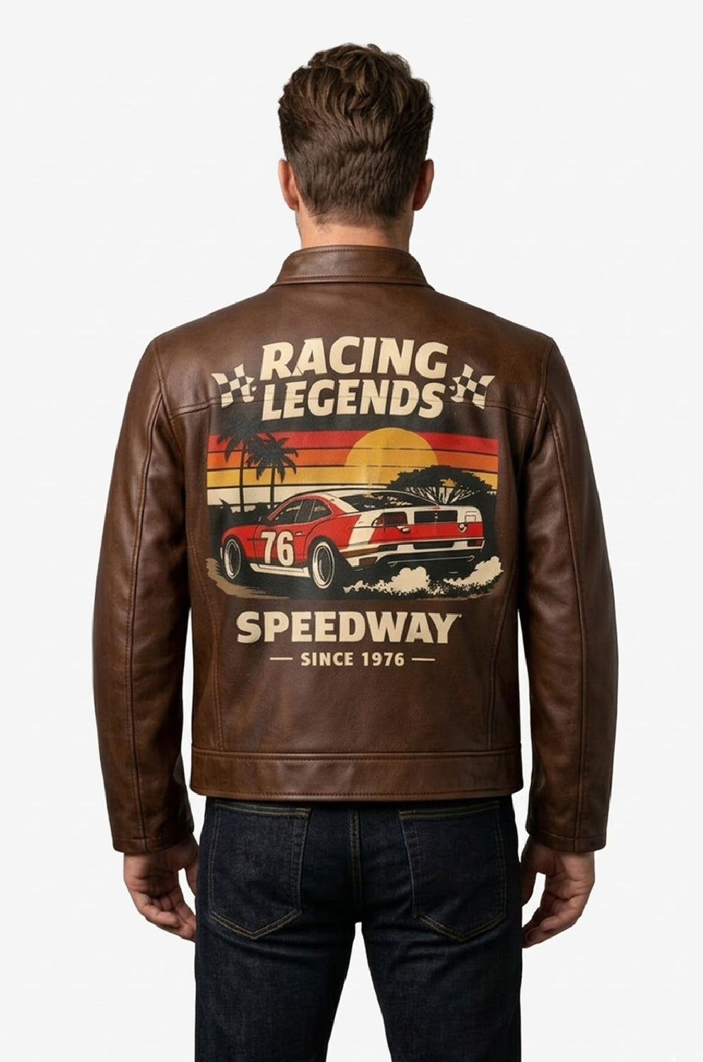 Men's Print Jackets\MP003 Racing Legends Speedway Vintage Leather Jacket - Retro Muscle Car Design