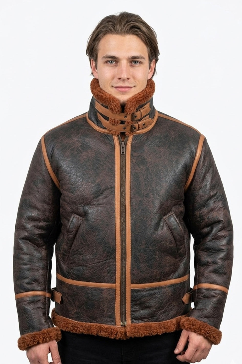 Aviator Jackets\B022 RAF Brown Shearling Winter Fashion Bomber Aviator Jacket