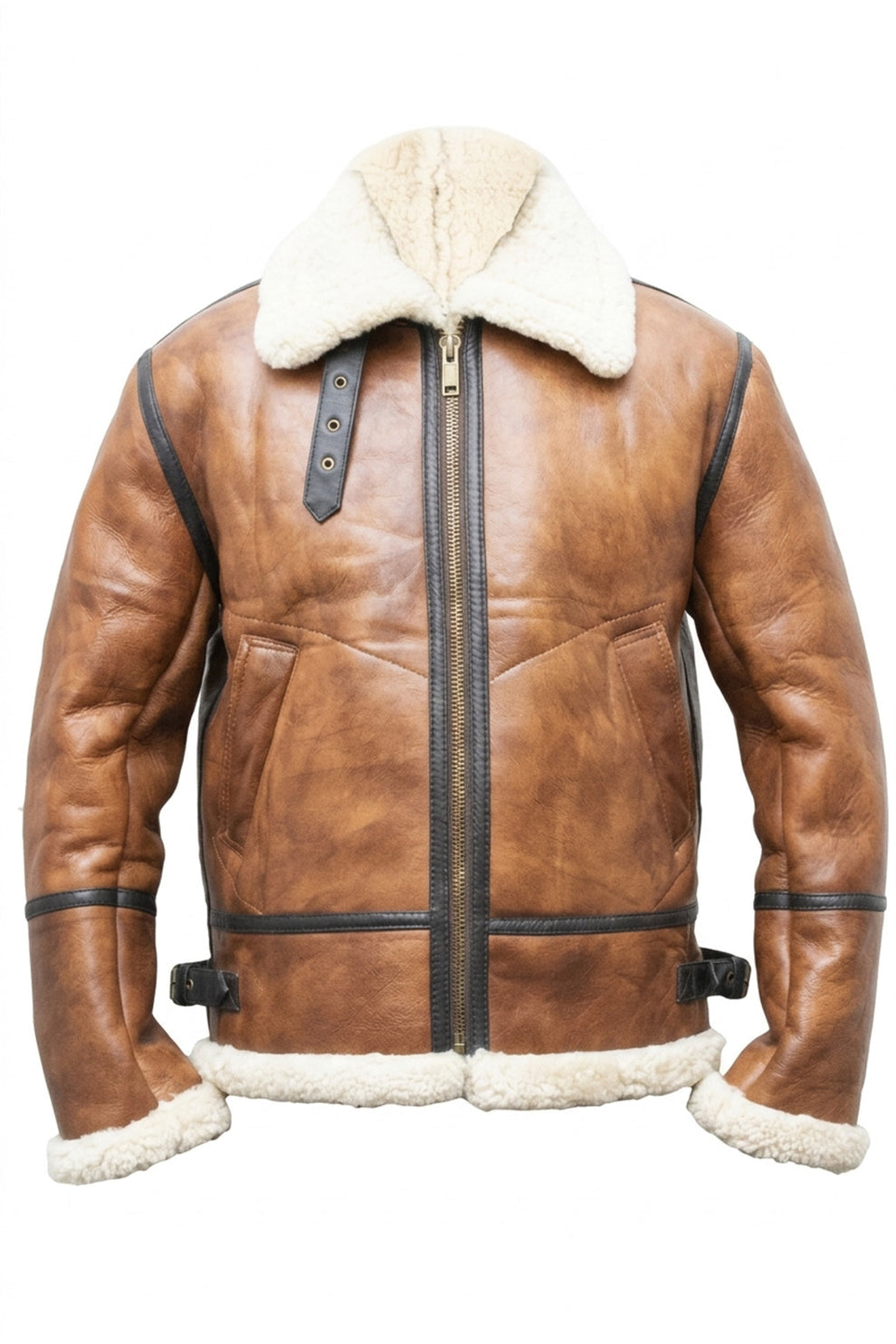 Aviator Jackets\B023 Men's Fashion Fur Shearling Brown Bomber Winter Warm Real Leather Jacket