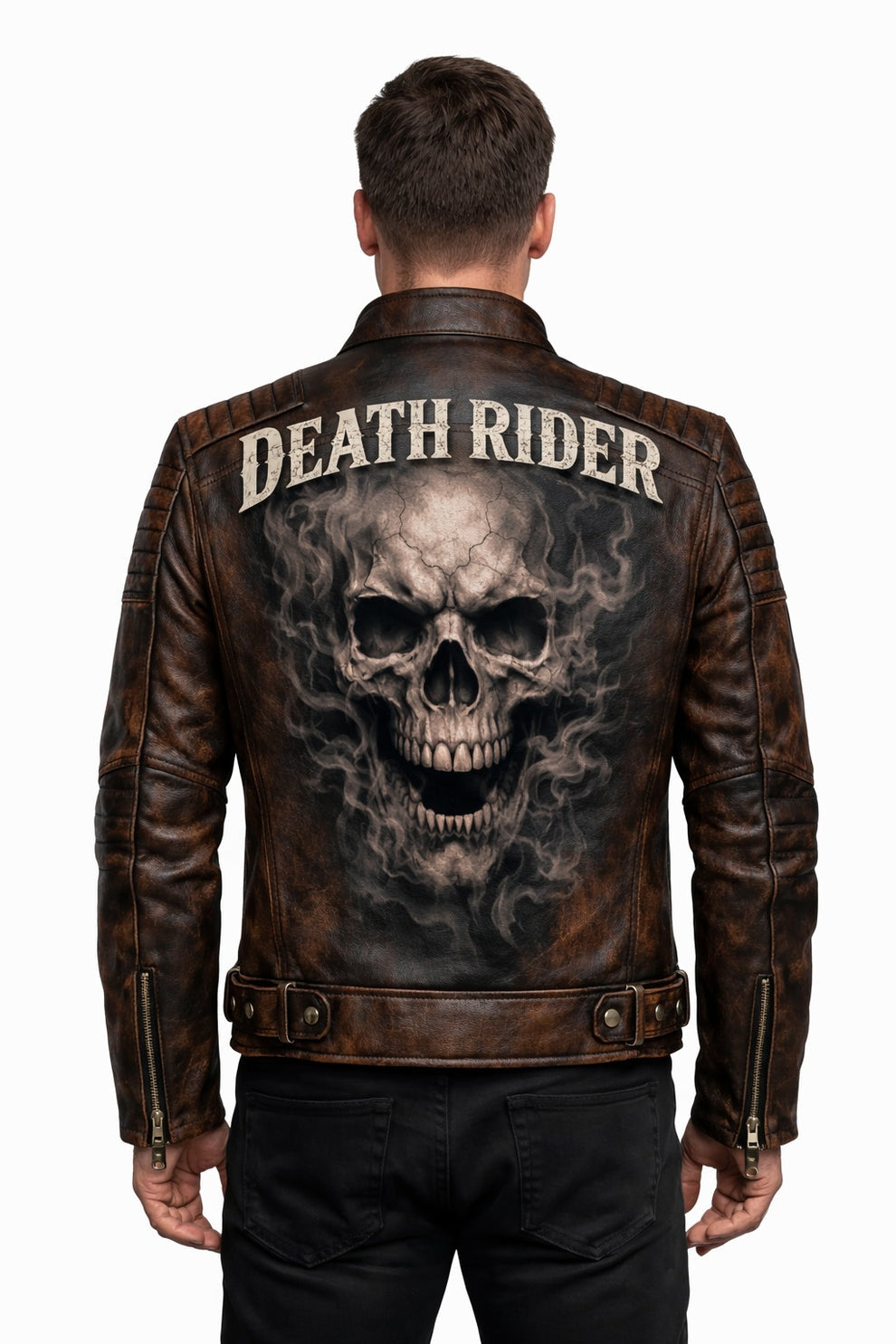 Men's Print Jackets MP002 Death Rider Vintage Leather Jacket - Skull & Smoke Biker Design