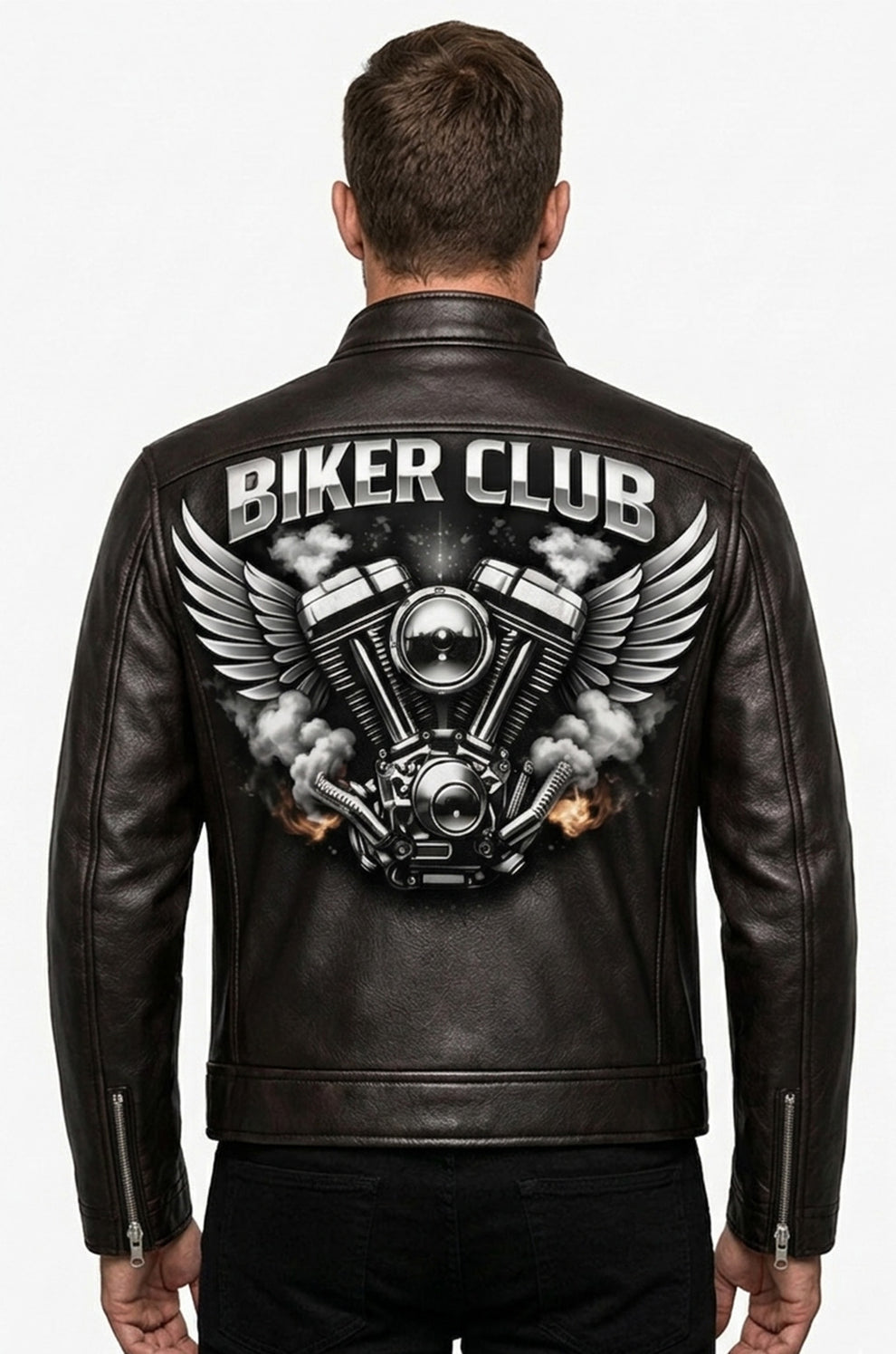 Men's Print Jackets\MP012 Biker Club V-Twin Engine Leather Jacket - Winged Motor Graphic Cafe Racer