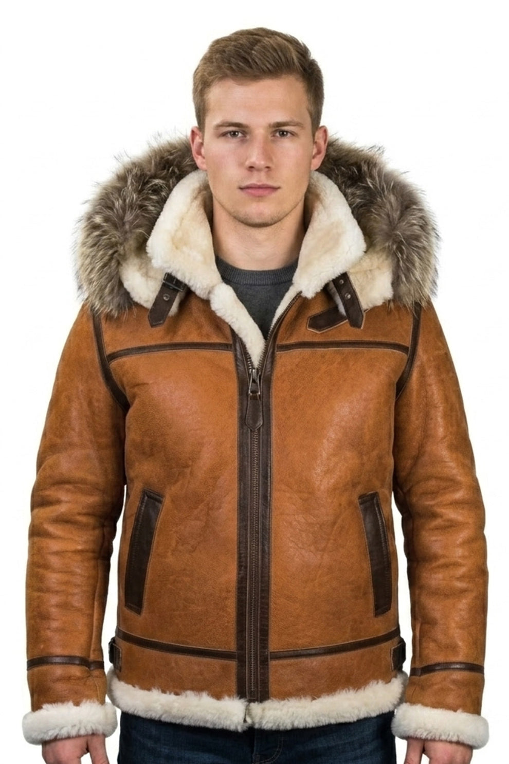 Aviator Jackets\B027 Men Classic Top Gun Real Leather B3 Jacket Dean Tan White Fox Fur Hood