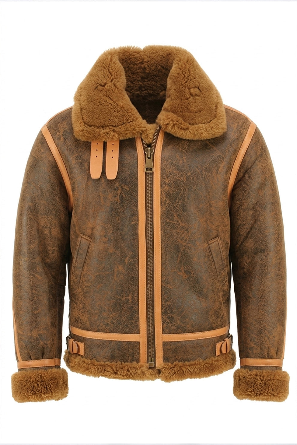 Aviator Jackets\B015 RAF Copper Brown Shearling Winter Fashion Bomber Real Aviator Jacket