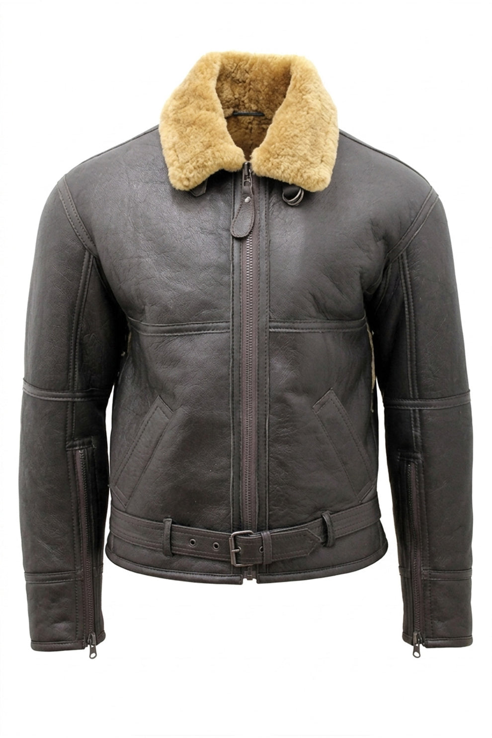 Aviator Jackets\B029 Men Real Leather Aviator Jacket with Fur Collar and Belted Waist
