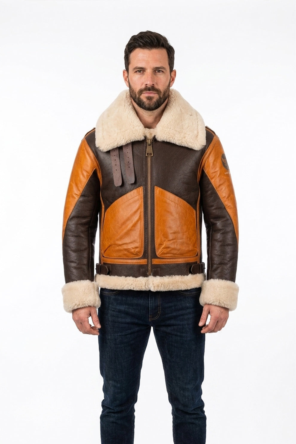 Aviator Jackets\B016 Two Tone RAF Bomber Brown Real Sheepskin Shearling Men's Jacket
