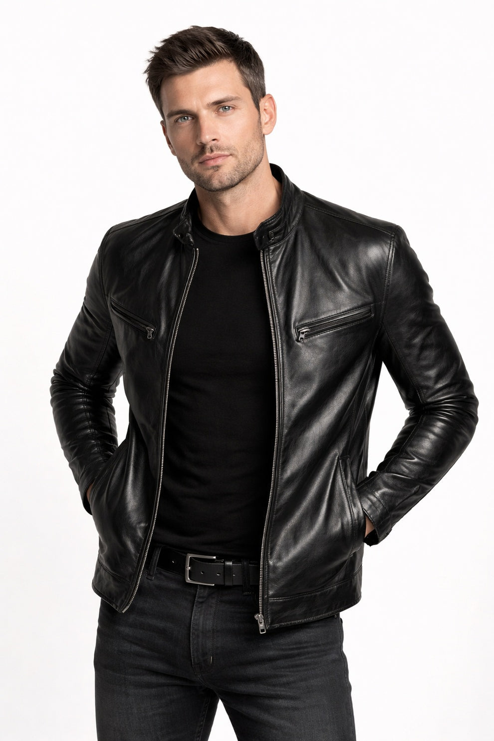 Cafe Racer Genuine Leather Men's Biker Jacket Black Motorcycle Coat