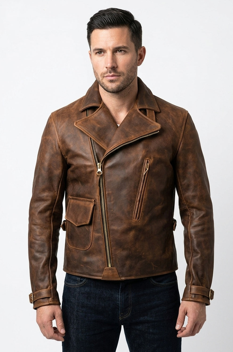 Men's Movies Jackets\MMJ15 Men's Captain America The First Avengers Distressed Brown Army Style Biker Jacket