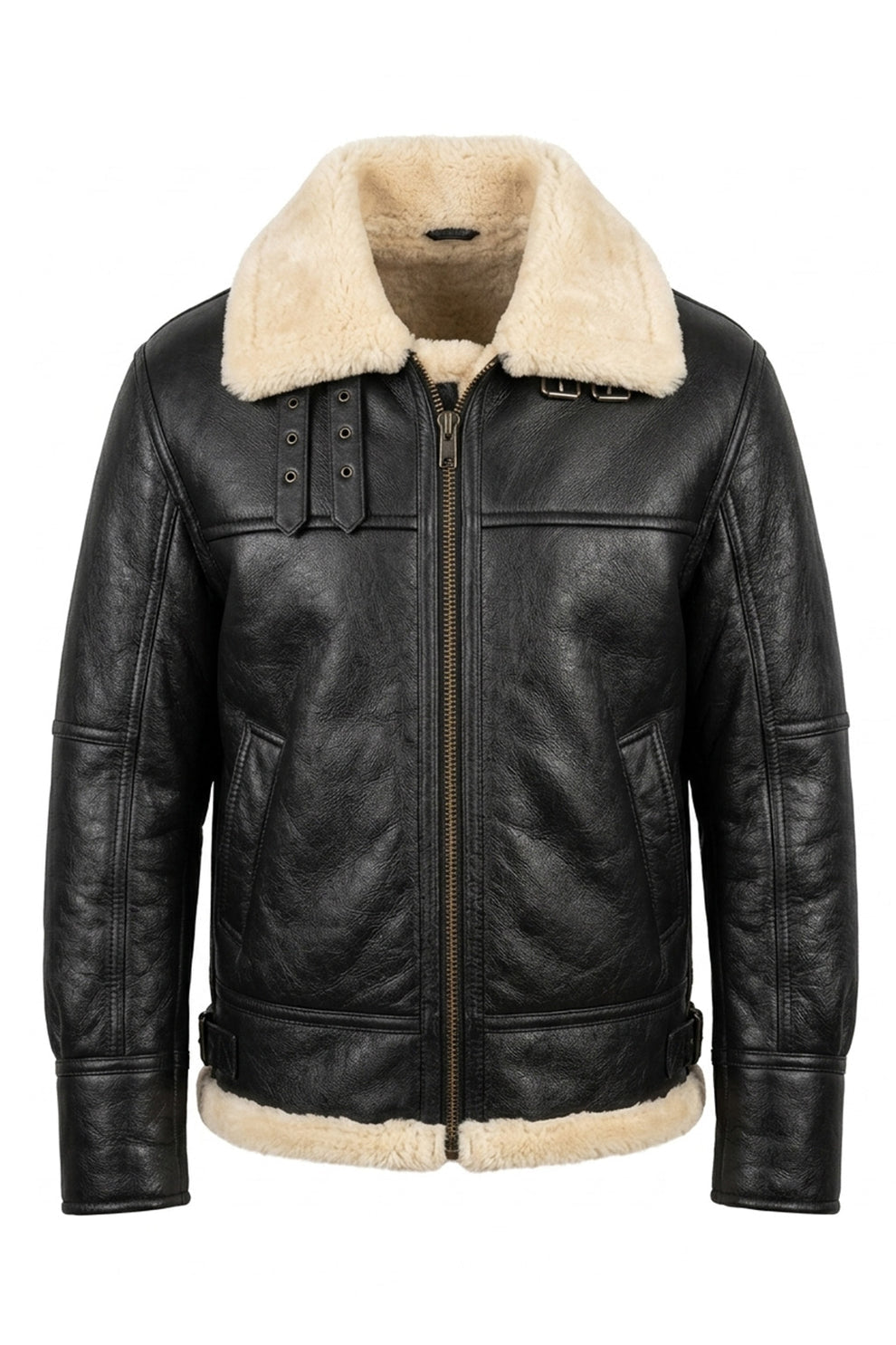 Aviator Jackets\B020 Men's RAF Flying Aviator Real Shearling Fur Bomber Black Winter Leather Jacket