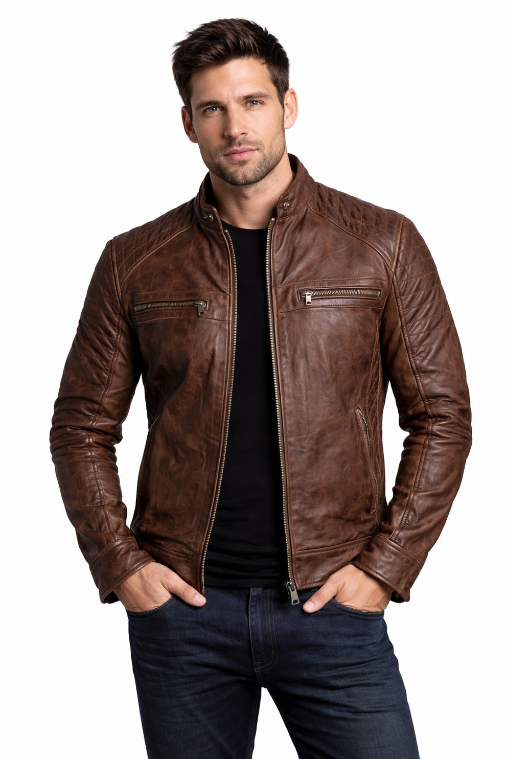 Men's Biker Quilted Brown Vintage Distressed Motorcycle Jacket