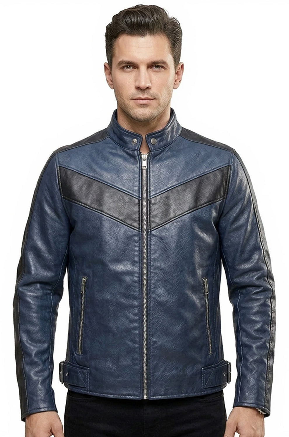 Navy Blue Motorcycle Leather Style Classic Men's Genuine Biker Jacket
