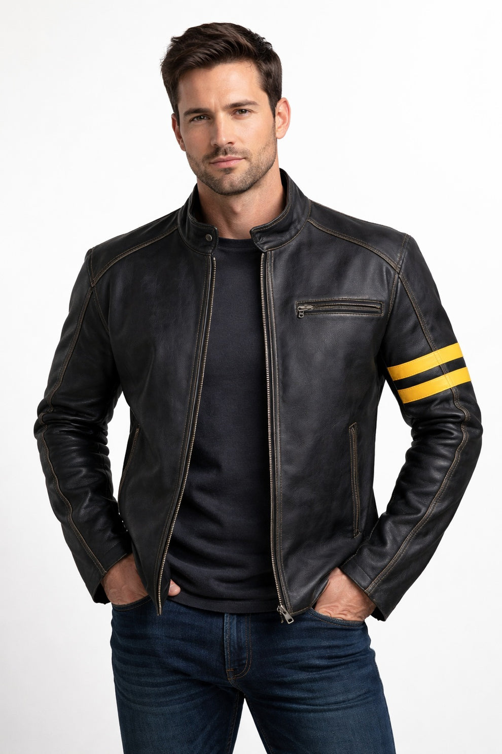 Biker Support Distressed Café Racer Men Black Retro Leather Jacket with protectors
