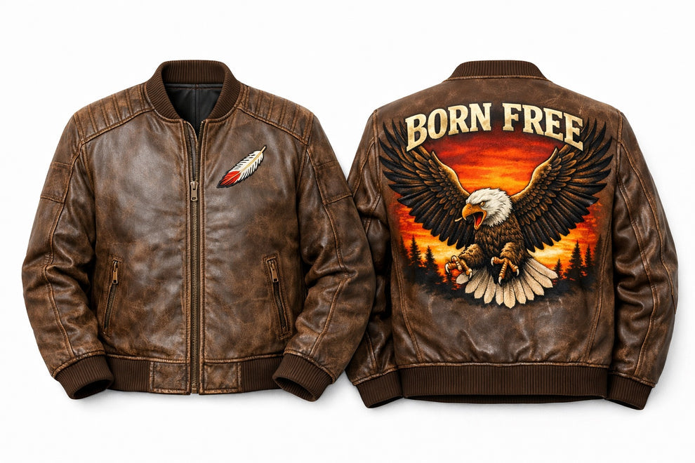 Men's Print Jackets MP009 Born Free Eagle Vintage Leather Bomber Jacket - Patriotic Bald Eagle Flight Jacket