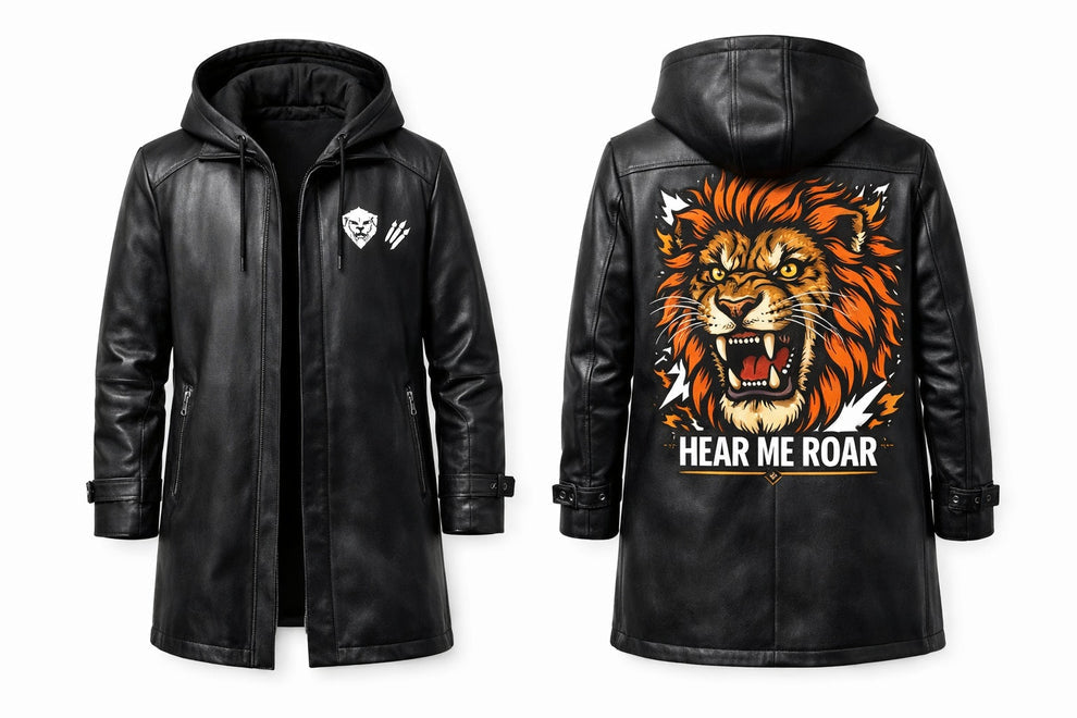 Men's Print Jackets\MP008 Hear Me Roar Lion Graphic Hooded Leather Coat - Men's Long Black Trench Jacket