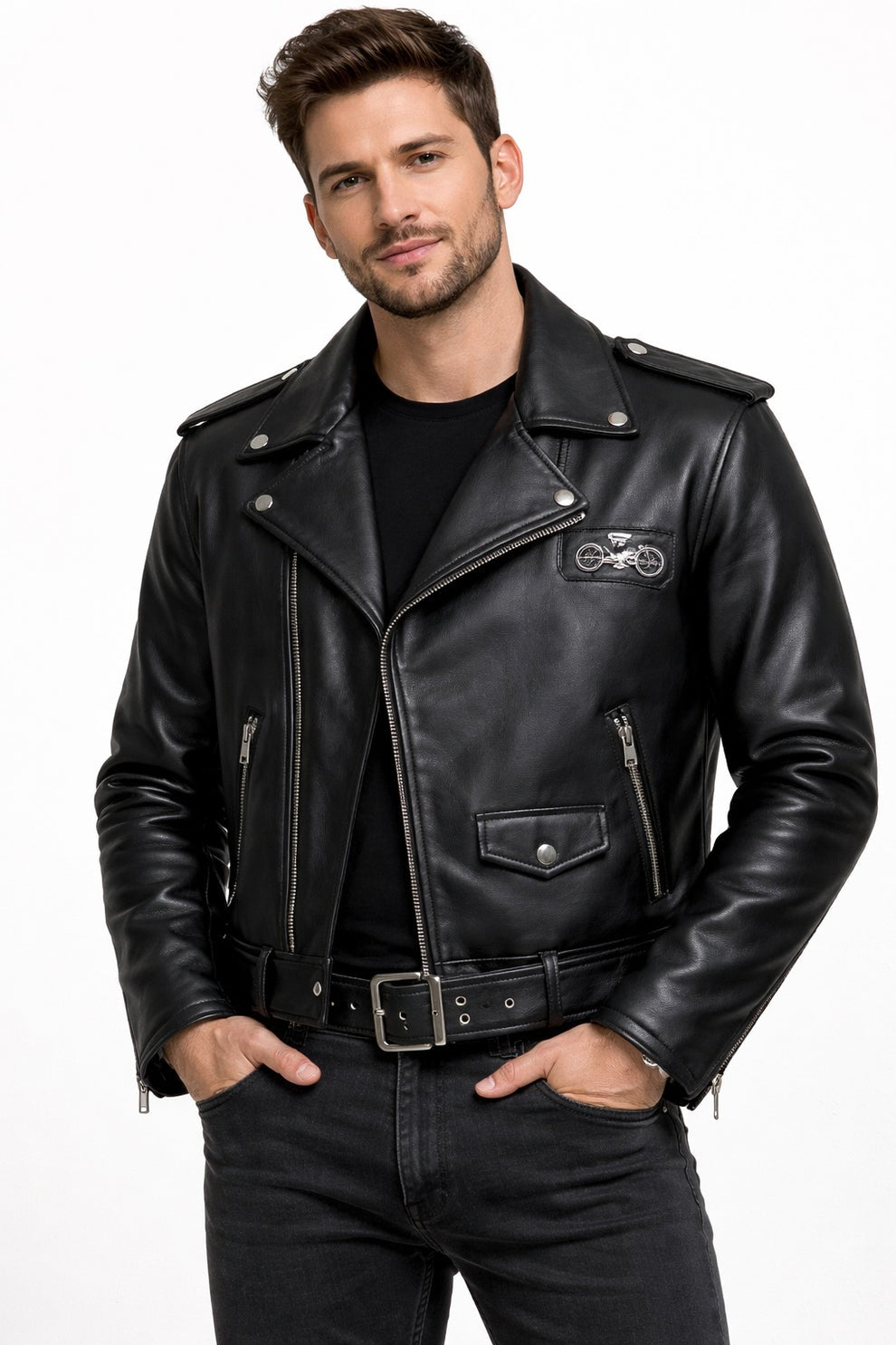 Men's Print Jackets\MP004 Sunset Riders Brotherhood Leather Jacket - Two Bikers Riding Into Sunset Design