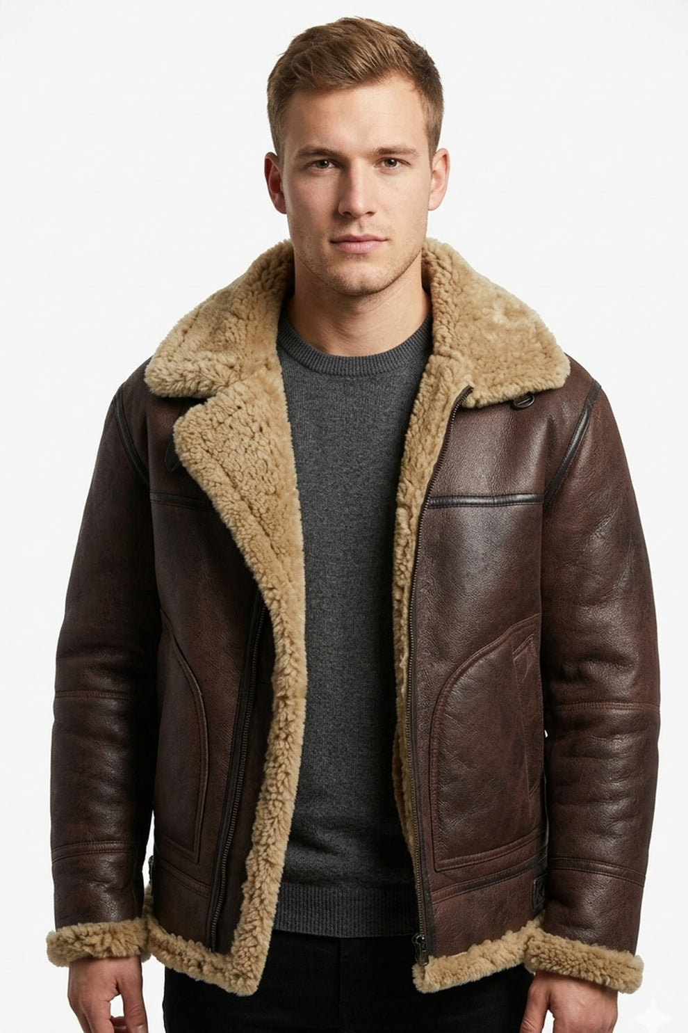 Aviator Jackets\B034 B3 Flight Bomber Brown Aviator Army Style Real Leather Jacket