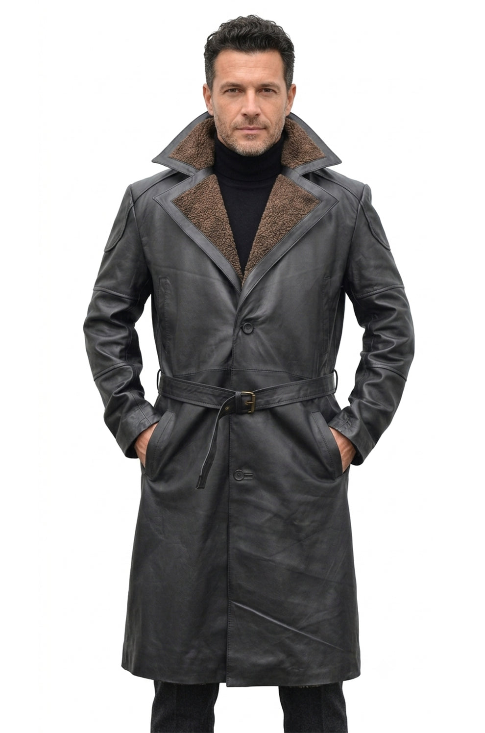 C006 German WW2 Brown Belted Fur Lapel Trench Long Blade Runner Men's Coat