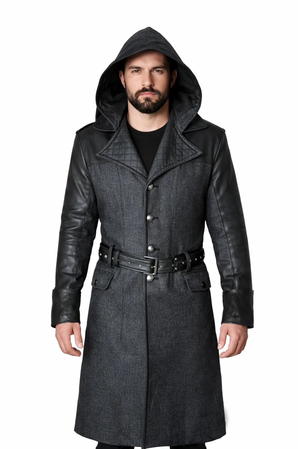C019 Assassins Creed Men's Grey Syndicate Jacob Frye Trench Real Leather Wool Coat