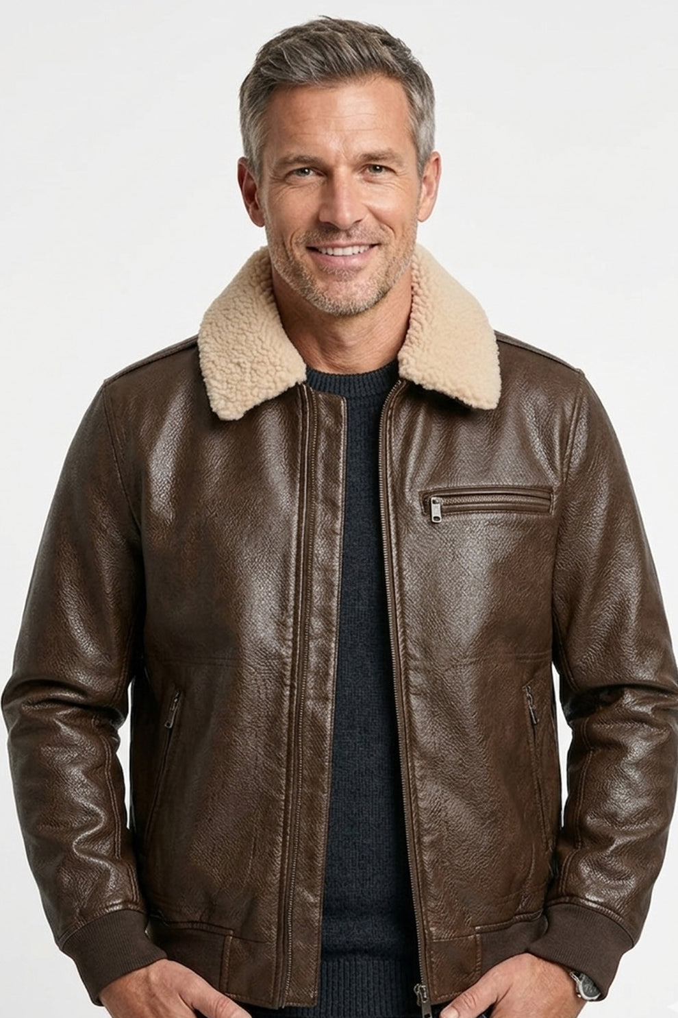 A001 Men Real Leather Brown Bomber Jacket