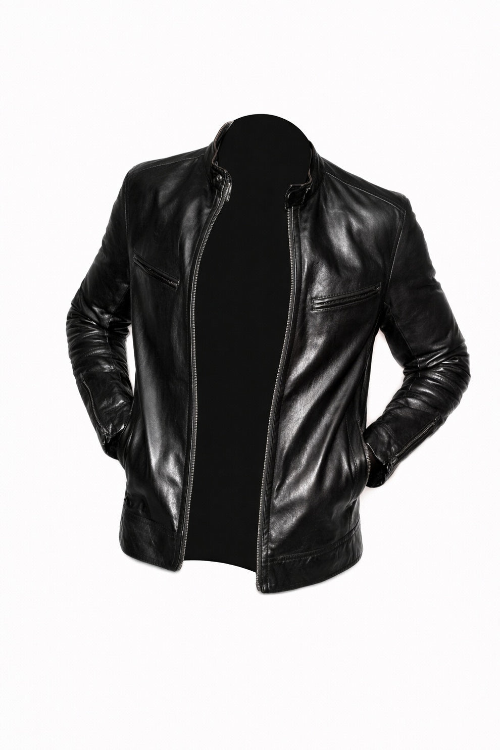 Cafe Racer Genuine Leather Men's Biker Jacket Black Motorcycle Coat