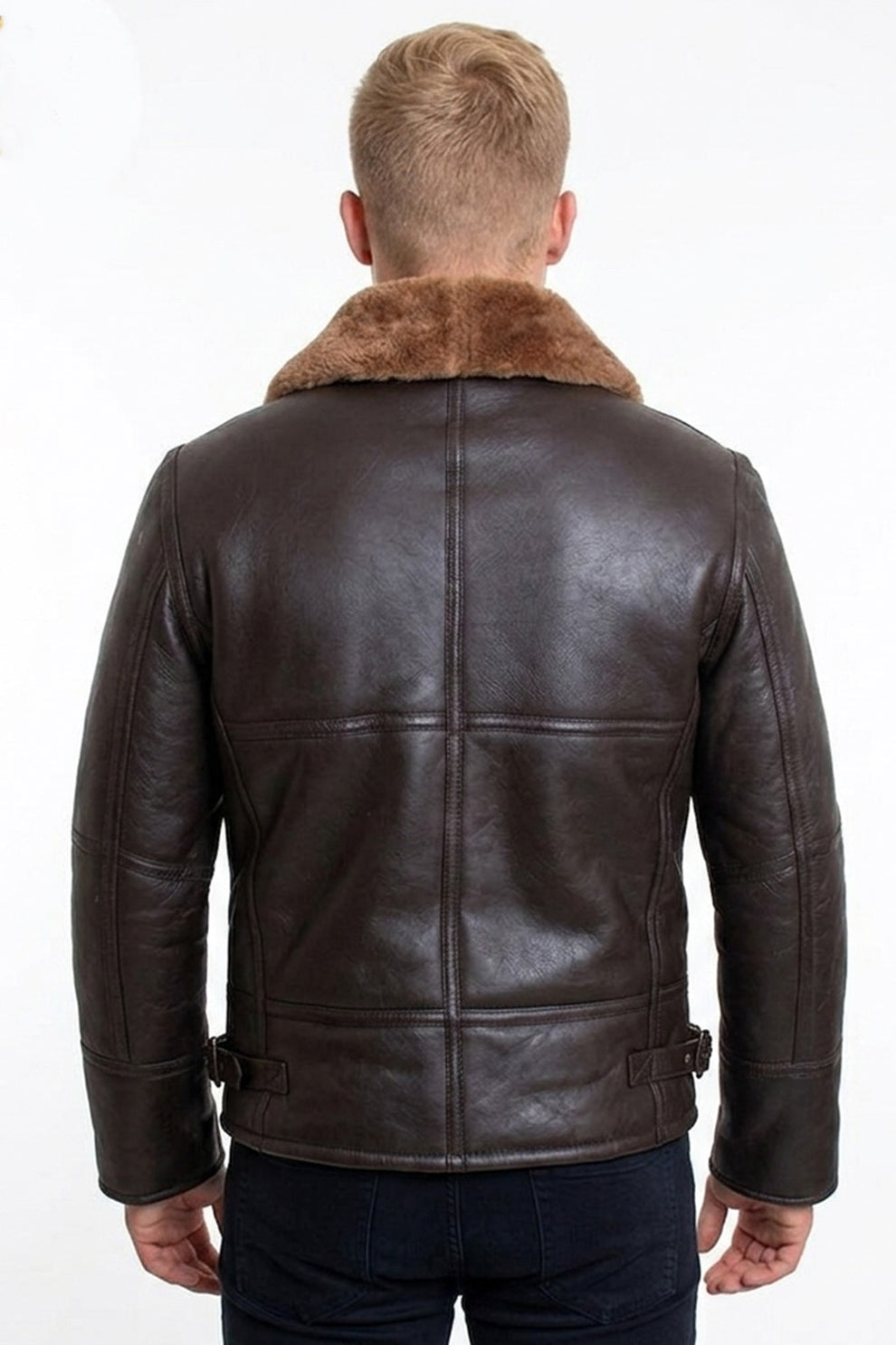 Aviator Jackets\B024 Fur Shearling Men Warm Bomber Brown Genuine Leather Jacket Winter Coat