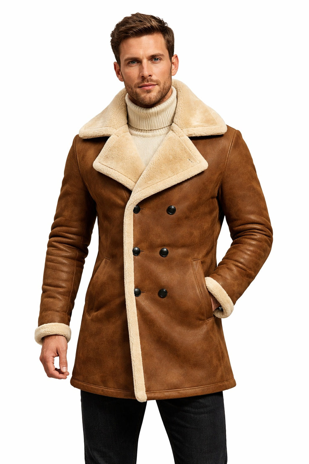 MFC06 Men Aviator Real Sheep Leather Shearling Fur Jacket Army Style Coat Brown