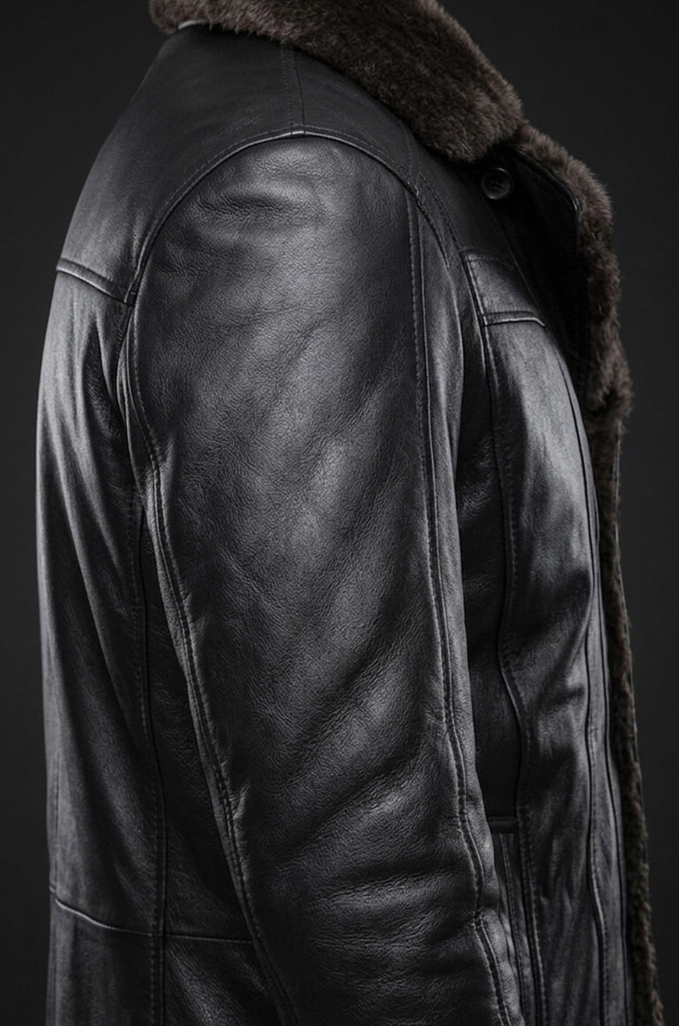 MFC07 Men Aviator Fox Fur Collar Real Leather Coat Black