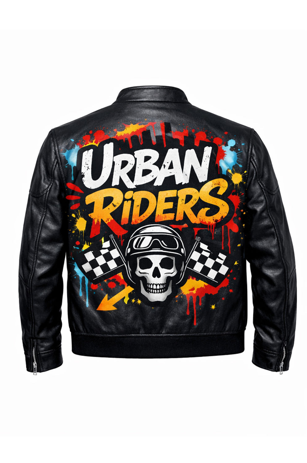 Men's Print Jackets\MP014 Urban Riders Graffiti Skull Leather Jacket - Street Art Bomber Style