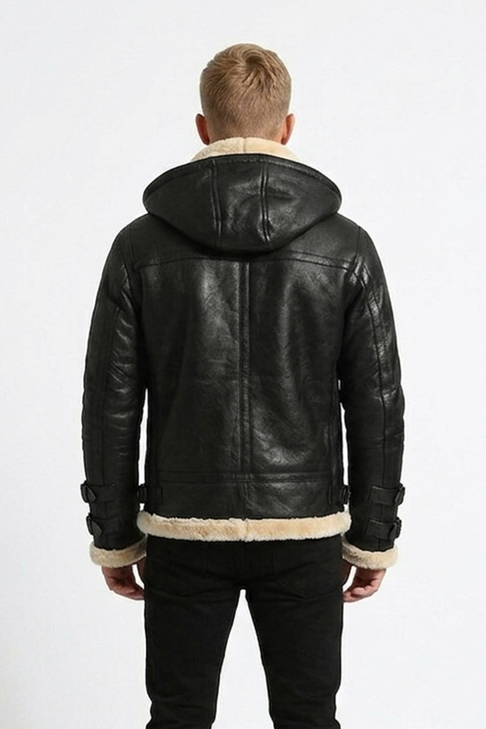 B001 B3 Black Removable Hood Fur Shearling Genuine Leather Bomber Black Jacket For Men