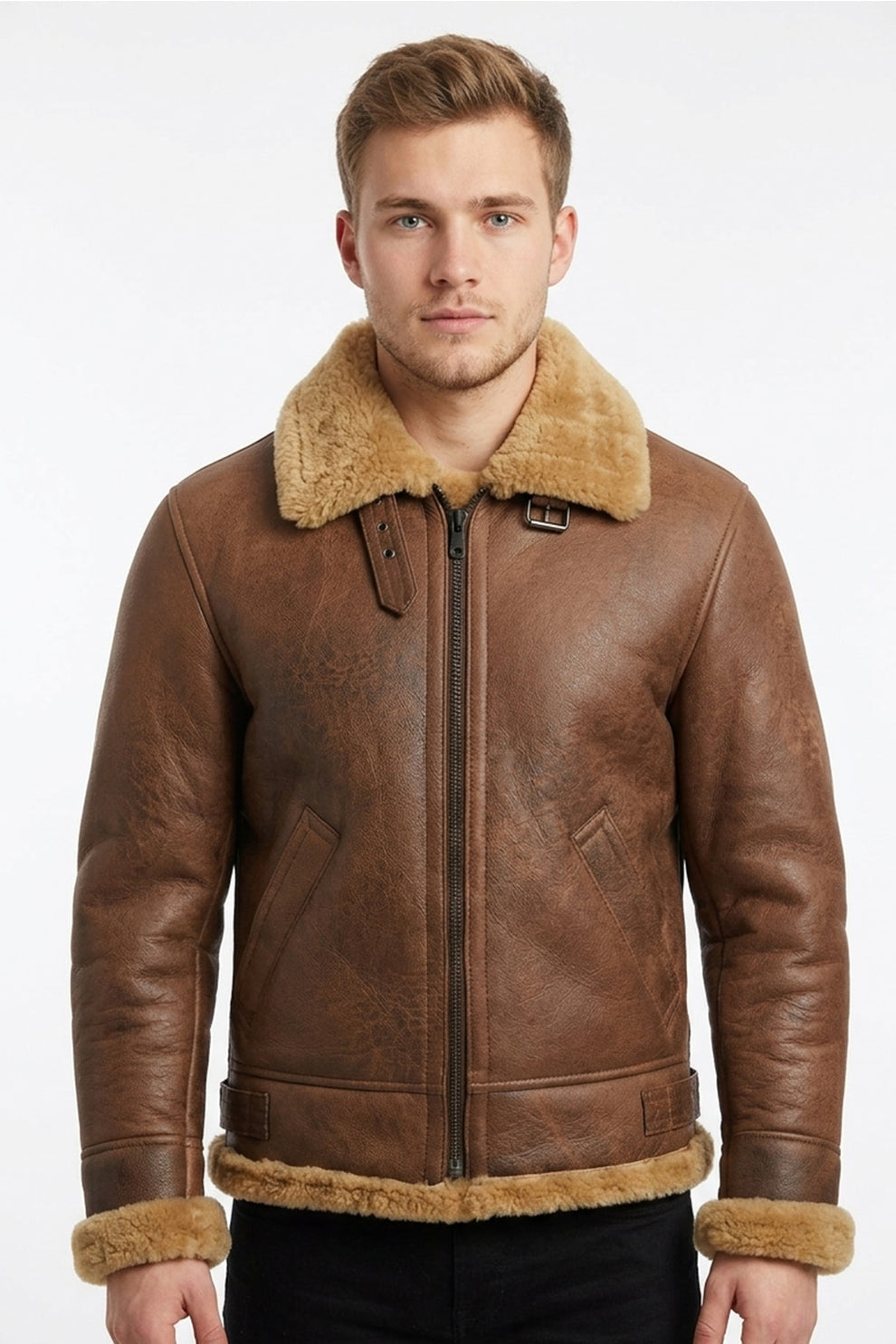B002 RAF B3 Brown Shearling Fur Coat WWII Army Bomber Winter Ruff Buff Real Leather Jacket For Men