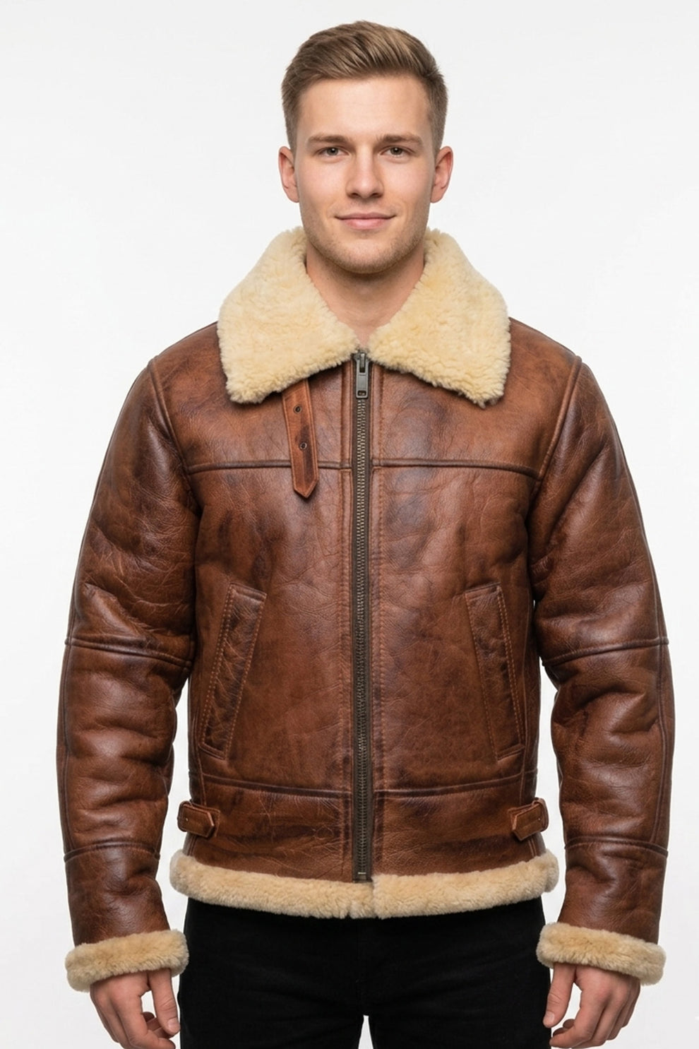 B003 B3 Brown Shearling Coat WWII Bomber Sheep Leather Aviator Jacket For Men's