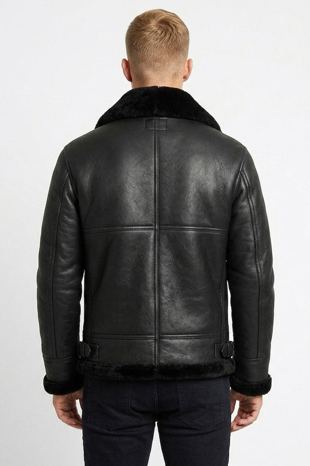 B004 Men's Black Aviator Real Sheep Leather Genuine Fur Biker Winter Jacket  On Sale