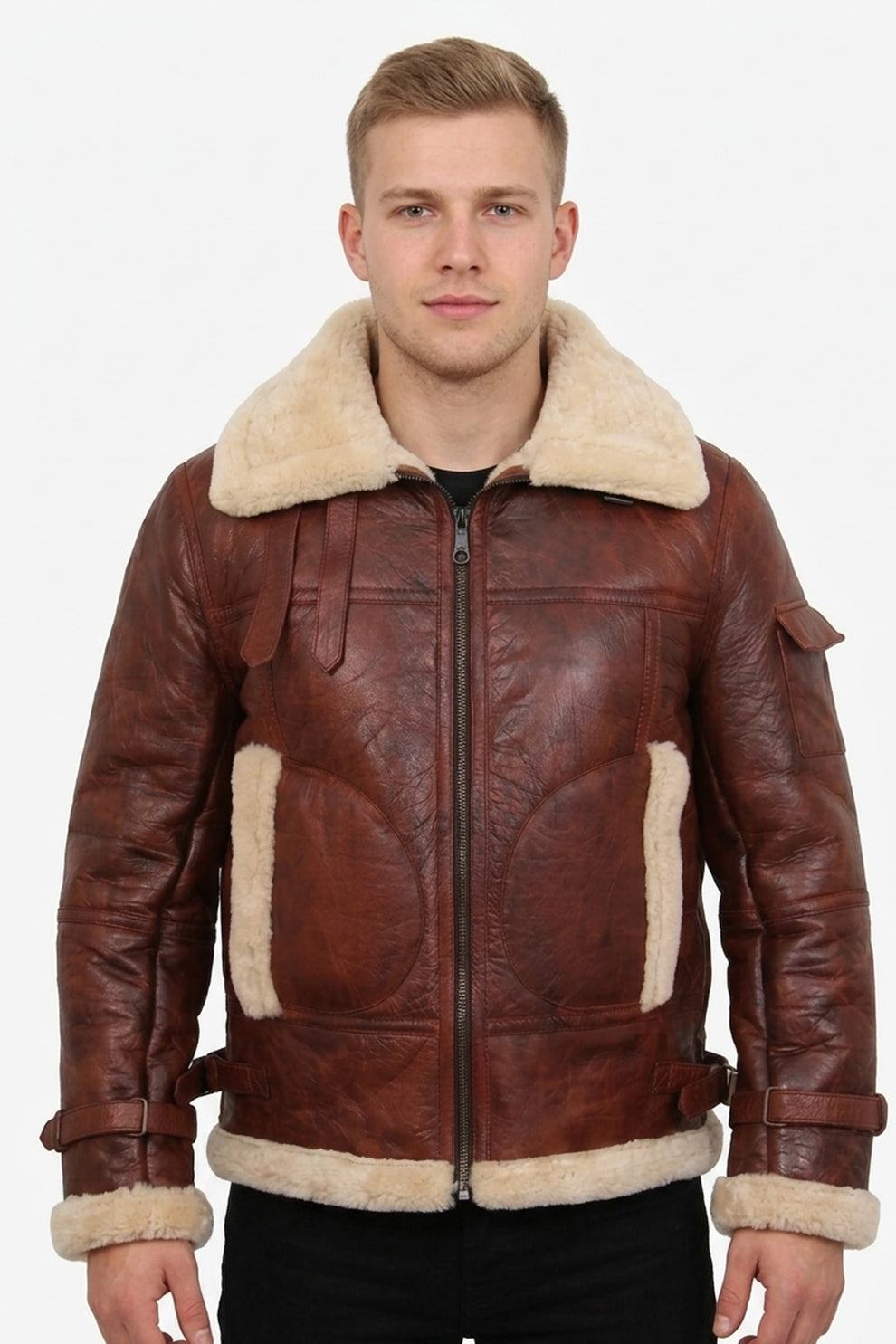 Aviator Jackets\B019 RAF Men's B3 Aviator Real Leather Fur Shearling Winter Brown Jacket