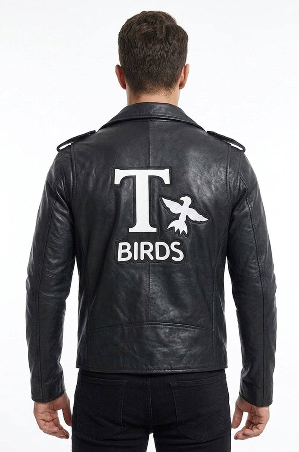 Men's Movies Jackets\MMJ19 Men's Grease 2 John Travolta T Birds Black Real Leather Biker Jacket