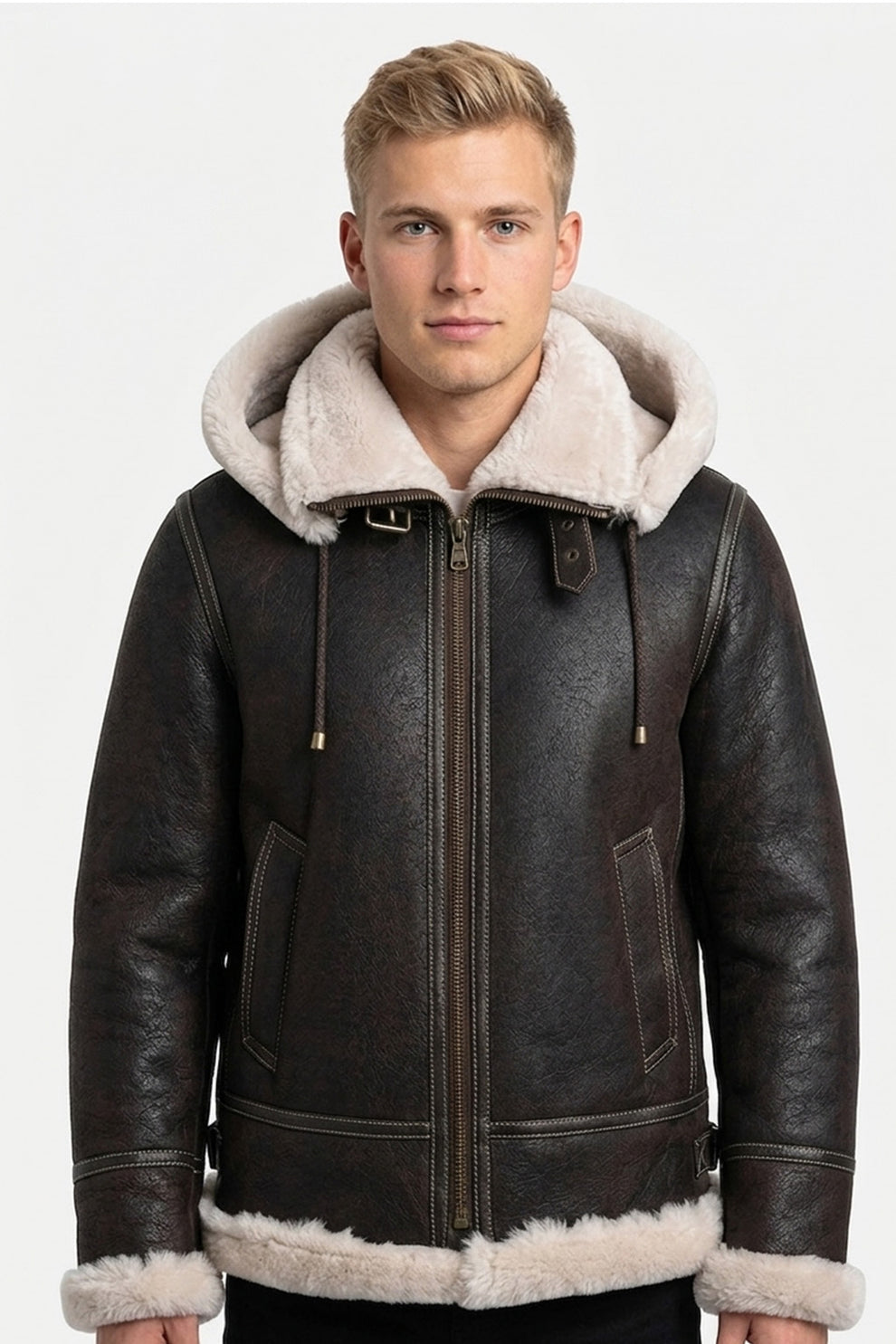 B005 Men's Bomber Real Shearling fur Sheep Skin Leather RAF B3 Biker Hooded Classic Jacket